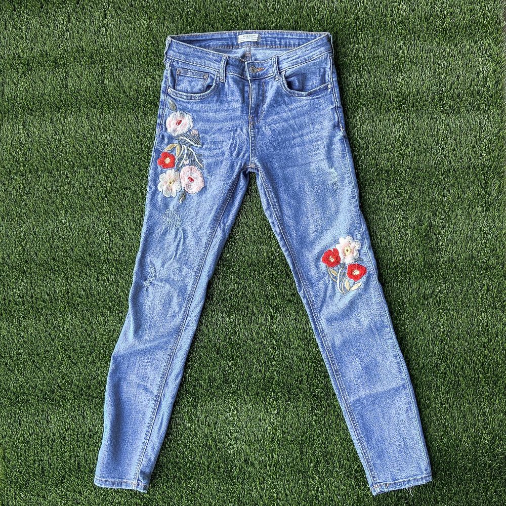 Zara Woven Flowers Skinny Jeans